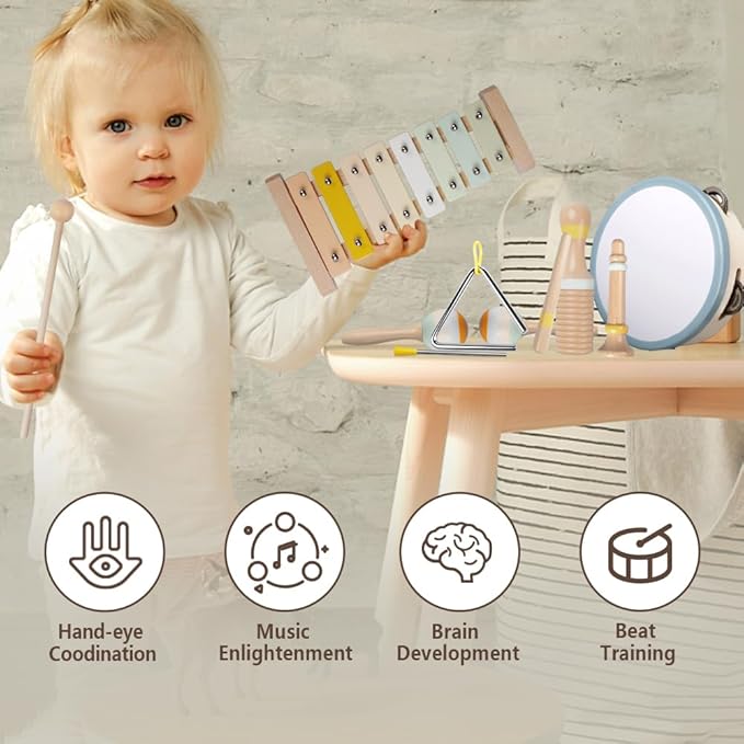Baby Musical Instruments-Montessori Wooden Toys for Toddlers | Neutral Colors Percussion Instruments Set with Modern Boho Xylophone for Kids Preschool Educational (Neutral)