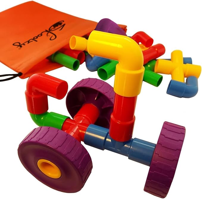 STEM Pipe Tube 29 Pc Building Blocks Set, ADHD & Autism, Kids | Educational Construction Building Blocks for ADHD & Autism for Baby, Kid Includes Wheels Pipes Joints and eBook