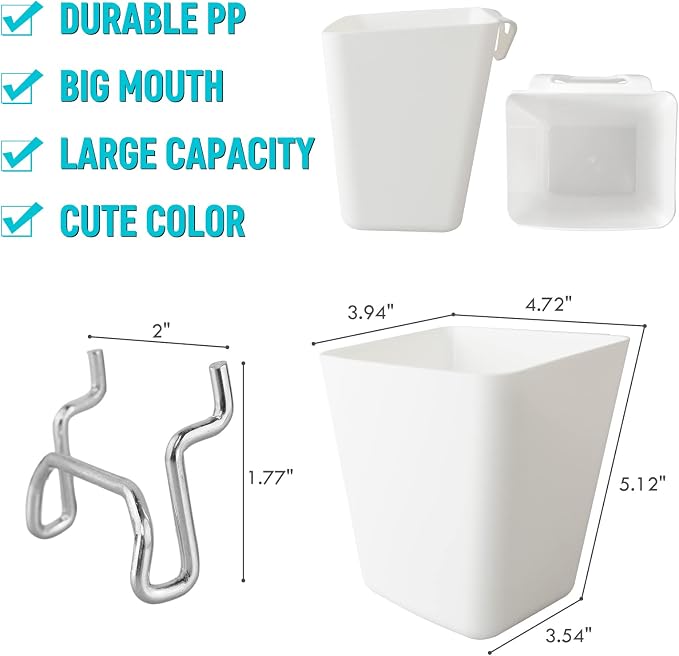 G.CORE Large Pegboard Cups Peg Board Storage Bin 6 Pack with Hooks, Square Box Shape Pegboard Cup Holder Accessories for Garage Workbench/Craft Room/Office/Playroom/Home Kitchen Organization (White) | Big Open-Mouth Cups, 1/8" 1/4" Pegboard Organizer A...