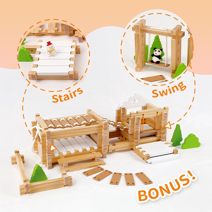 Jovi-Mindly & Notchies 96 PCS Wooden Building Blocks Toy Set for Kids Ages 4+ Boys Girls, Creative Construction Imaginative Cabin House with Storage Bag STEM Educational Learning Toy for Birthday Gift