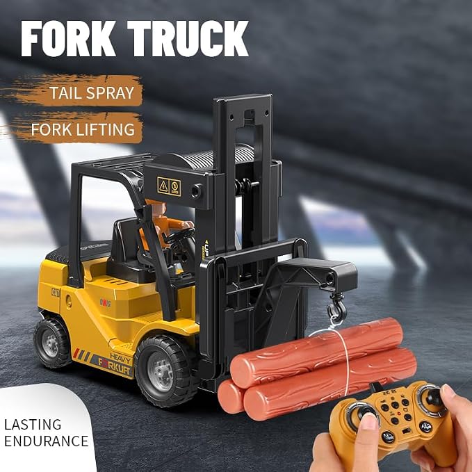 1:24 RC Forklift, 2 in 1 Transform Lift Fork & Hook, Kids Forklift Toy with Light & Sound & Spray, 11 Channel Remote Control Forklift, Construction Vehicles Toy Gift for Kids 6+