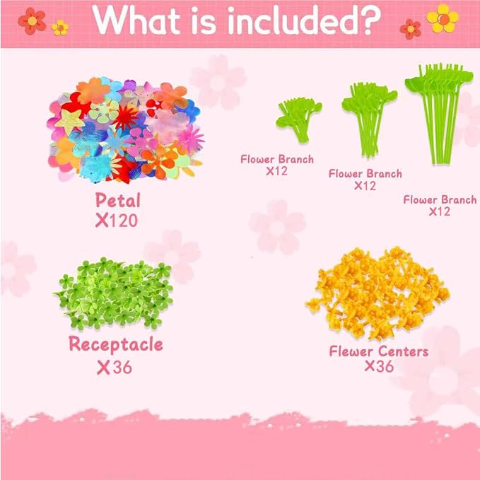 DIY Flower Craft Kit Accessories - Make 36 Extra Fabric Flowers| Refill Parts for Flower Bouquet Building Toy | Arts & Crafts Set for Girls Ages 3-10