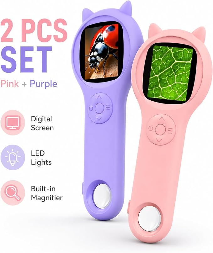Pink and Purple Microscope for Kids-200X Portable Digital Mini Microscope- Your Little Scientist Miniscope - STEM Toy for Age 5 6 7 8 9 10 11 12 Years Old Toddlers.