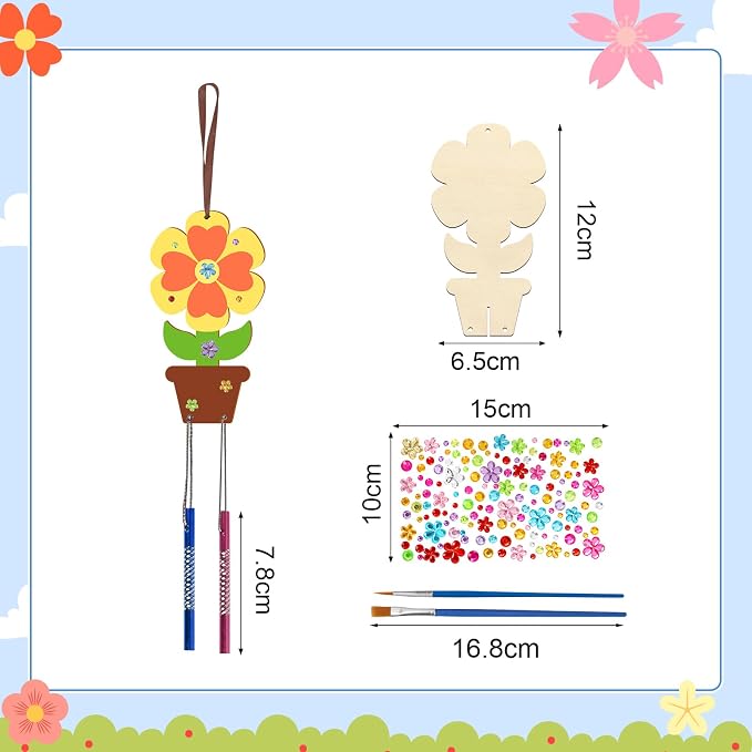 Fennoral 12 Pack Flower Wind Chime Craft for Kids Make You Own Flower Wind Chimes Ornaments DIY Coloring Wooden Art and Craft for Summer Classroom Art Activities Birthday Decorations