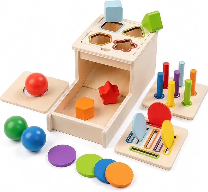 Montessori Toys for 1 Year Old, 4 in 1 Object Permanence Toys for Babies | Ball Drop Coin Box, Fine Motor Skills Color & Shape Sorting Toys for Toddlers, Sensory Toys for 6 12 18 Months Old