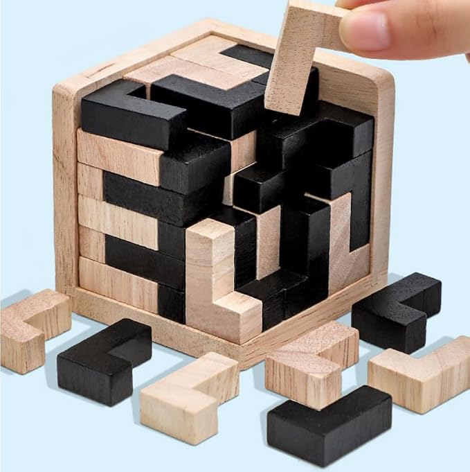 Wooden Brain Teaser Puzzle Cube Wooden Puzzles T-shaped Jigsaw Logic Puzzle Educational Toy for Kids and Adults by AHYUAN (L Shape Black and Natural)