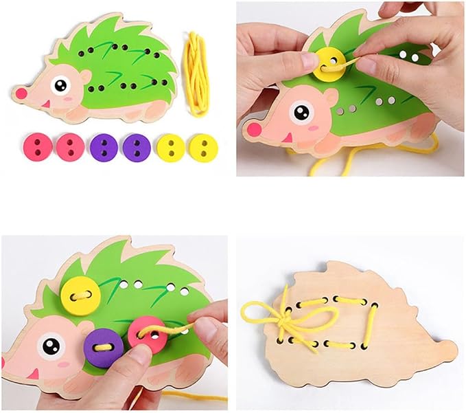 Wooden Hedgehog Lacing Button Toy, Fine Motor Skills Training | Wooden Lacing Button Toy, Sewing Training Toy, Montessori Lacing Board