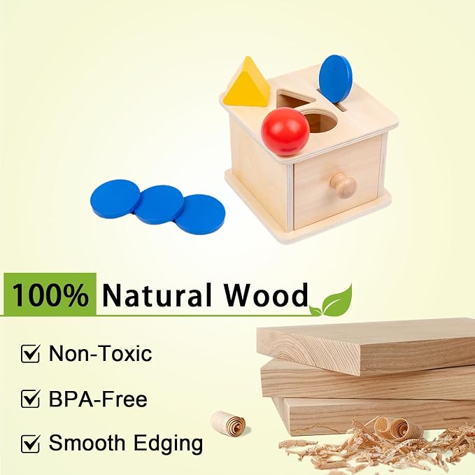 Adena Montessori Wooden Coin Box with Drawer Object Permanence 6-12 Months | Red ball, yellow triangle, blue disc. Smooth wood, no burrs. Open-close-insert for color-shape sorting. Gift.