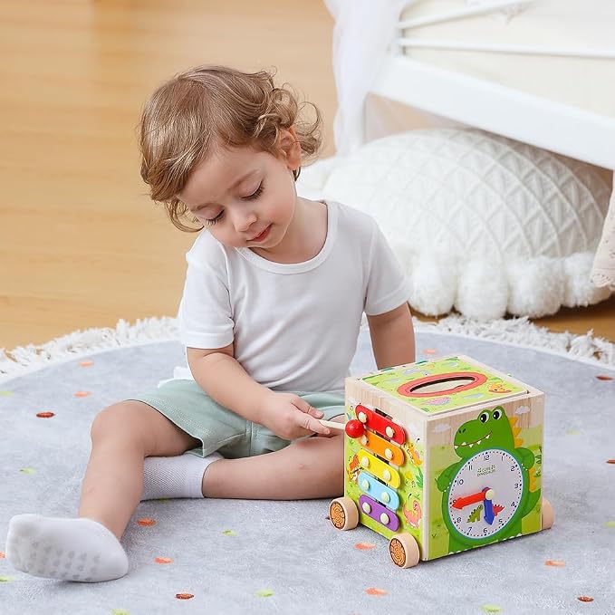 JAUNTY Montessori Activity Cube Toys for Toddlers 1 2 3 Years Old, Wooden Sensory Baby Tissue Box Toy for 1 Year Old Girls Boys, Great Educational Toys 1st First Birthday Gift