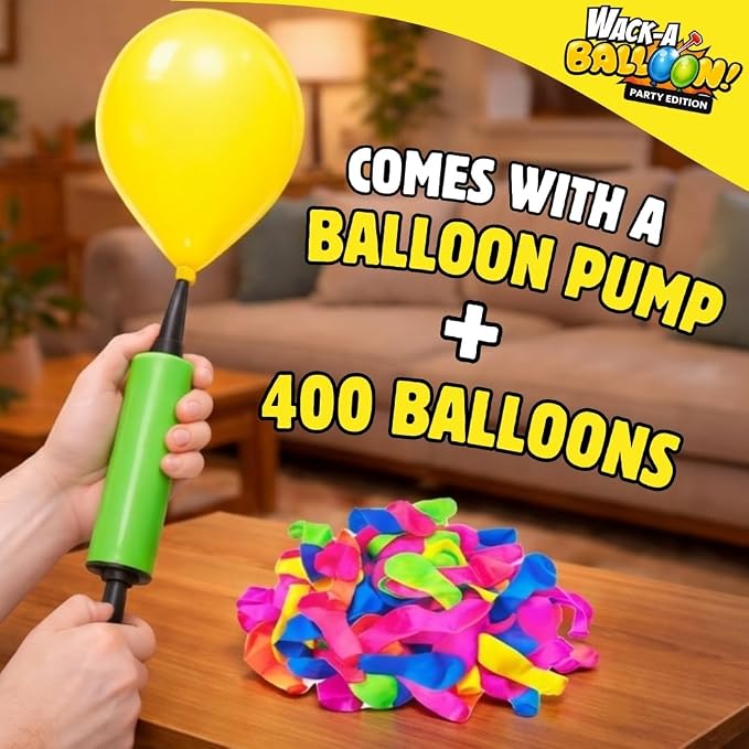 Wack A Balloon Party Edition Pop Game for Kids & Adults, Family Fun | 400 balloons, 200 nails, 4 hammers, 28 challenge cards, spinner, inflator, reusable ties, ages 4+