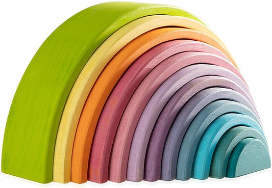 Wooden Rainbow Stacking Toy, 12 Piece Multicolor Wooden Arch Stacker, Extra Large Pastel Bow Shaped Stacking Toy, Nesting Puzzle Building Blocks Educational Toys for Kids Toddlers