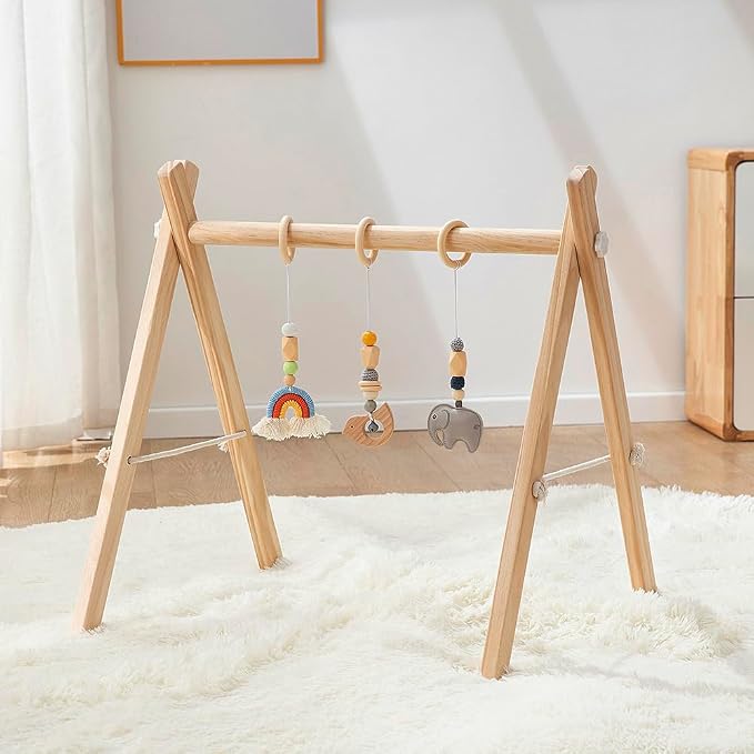 Wooden Baby Play Gym, Foldable Baby Activity Gym Frame with 4 Hanging Sensory Toys, Montessori Newborn Tummy Time Play Gym, Natural Wood Baby Gym for Infant Nursery Decor, Baby Shower Gift | 4 Sensory Hanging Toys, Montessori, Infant Activity Frame, 0-...