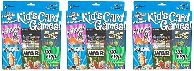 Regal Games Card Games for Kids - Go Fish, Crazy 8's, Old Maid, Slap Jack, Garbage Monsters, War - Simple & Fun Classic Family Table Game Sets (3 x 6)