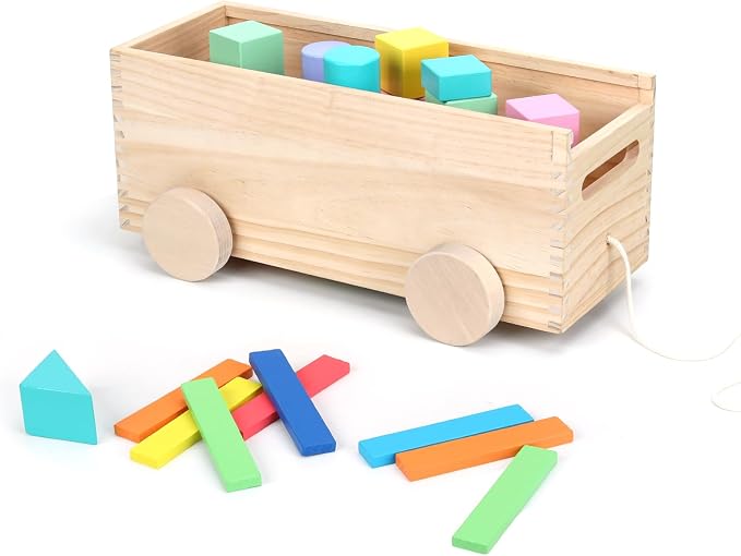 Montessori Toys,Solid Wood Building Blocks and Shapes,Xylophone Set | Montessori Wooden Lacing Beads,Wooden Storage Box for Kids Ages 36 Months+,Toddler Block Set and Converts into a Pull Car