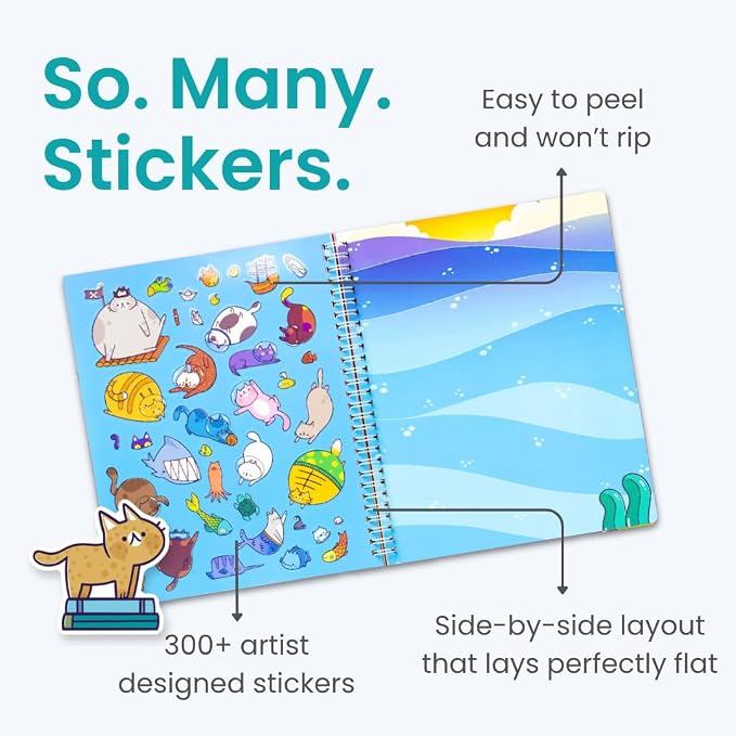 Cupkin A World of Cats Coloring & Sticker Activity Book | 300+ Stickers | Spiral-bound kids craft format with 8 scenes, 8 art pages, side-by-side viewing, and an easy-peel design for ages 2–8