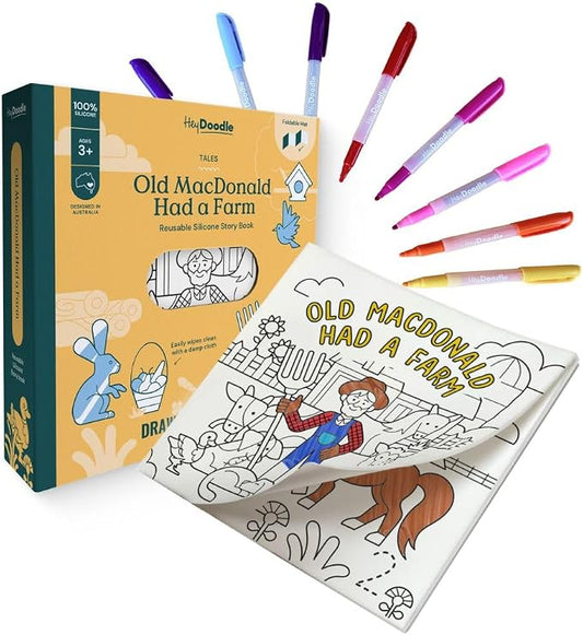 Tales Foldout Book - Old Macdonald Had a Farm – Reusable Silicone Coloring Book for Toddlers and Kids Ages 3-7 – Educational Farm Animal Activity Pad with 12 Markers – Mess-Free Travel Toy