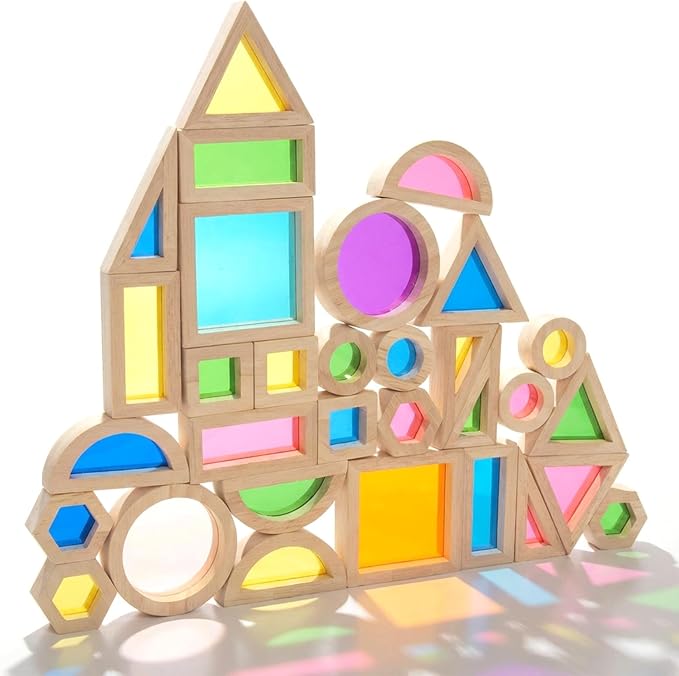WOODENFUN Wooden Building Blocks Set for Kids, 32 Pcs Rainbow Stacker Game | Stacking Construction Toy,Preschool Colorful Montessori Educational Toy,Geometry Acrylic Blocks,Birthday Gift for Toddlers