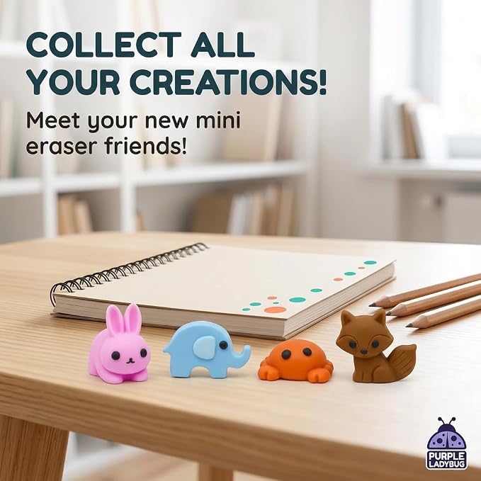 DIY Clay Cute Mini Animal Eraser Kit for Kids Ages 4-12 | Birthday Gifts for Girls & Boys, Students Desk Pet Animals, Make Your Own Erasers, Arts and Crafts