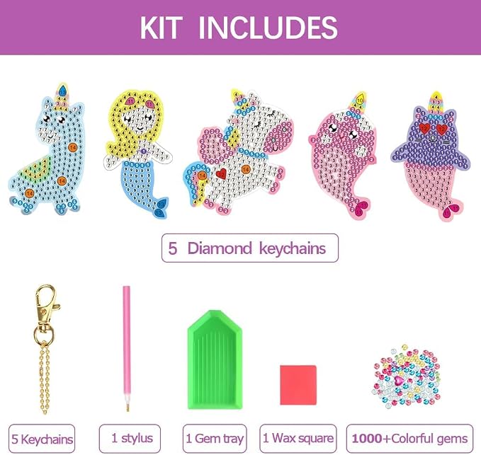 Arts and Crafts for Kids Ages 8-12 - Make Your Own GEM Keychains for Girls | 5D Diamond Art, Painting by Numbers Kits, Kids Ages 3-5, 4-6, 6-8, Easter Basket Stuffers,Christmas Stocking Birthday Gifts