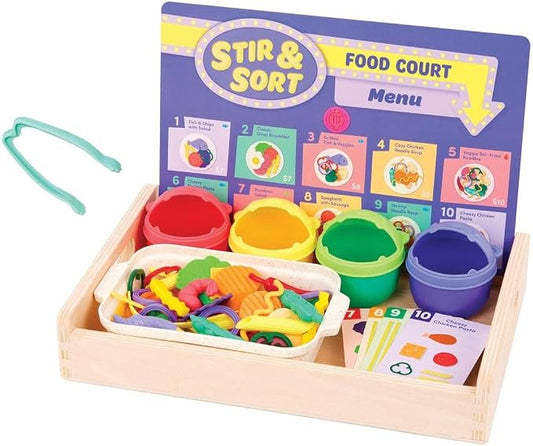 Battat Education Stir & Sort Food Court Play Food Fine Motor Game, Learning | 102-piece pretend play food set with 74 food pieces, tongs, bowls, plates, recipe cards, spinner and wooden tray, 3+ Years