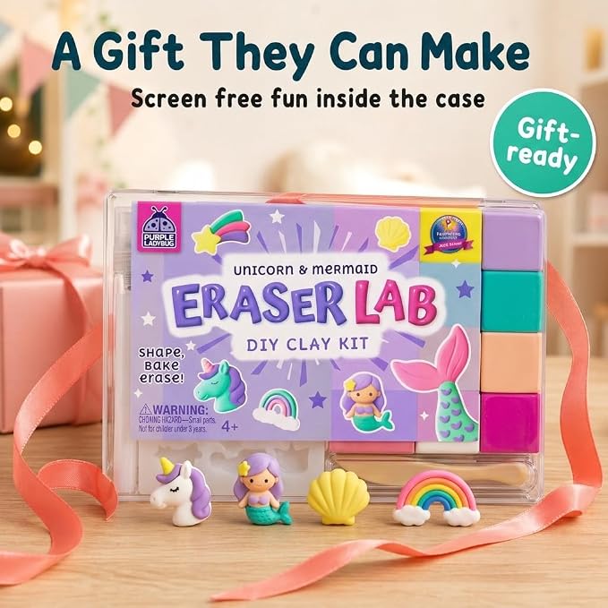 Eraser Lab Mermaid & Unicorn Eraser Making Kit for Kids 4-12 | Birthday Gift for Girls Ages 5-10, DIY Clay Eraser Kit, Gift for 7 Year Old Girl, Back to School Supply