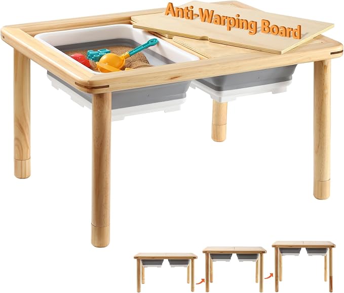 FUNLIO Wooden Sensory Table for Toddlers 1-5, 3-Level Height Adjustable Kids Activity Table with Anti-Warping Plywood Lid, Indoor/Outdoor Play Sand and Water Table, CPC Certified