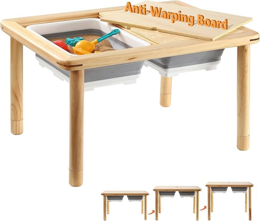 FUNLIO Wooden Sensory Table for Toddlers 1-5, 3-Level Height Adjustable Kids Activity Table with Anti-Warping Plywood Lid, Indoor/Outdoor Play Sand and Water Table, CPC Certified