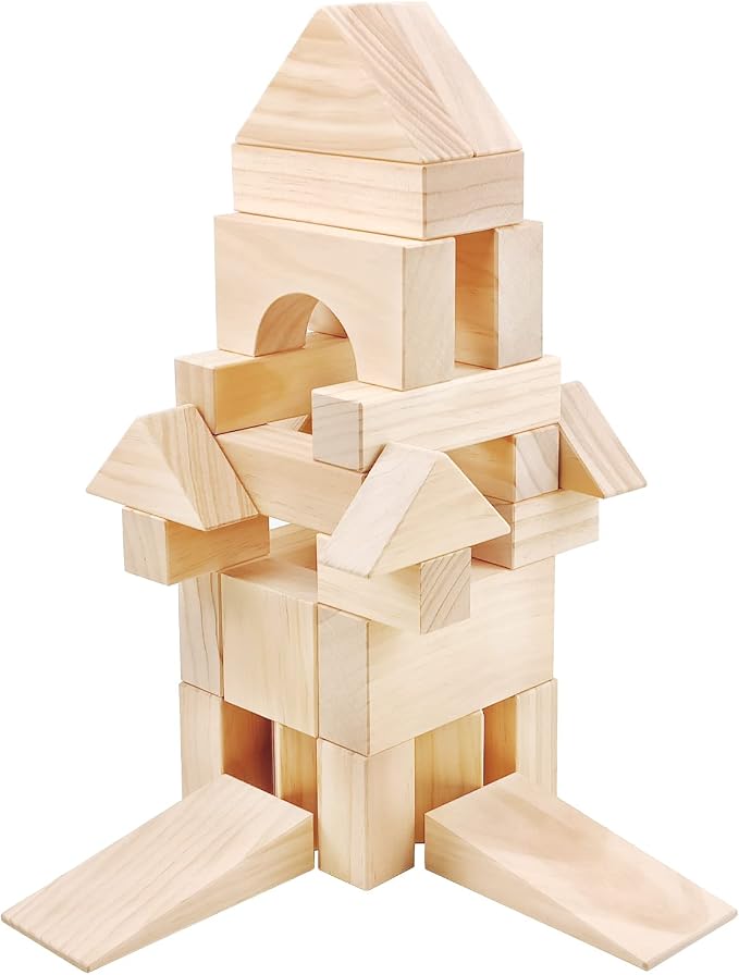 Large Wooden Blocks for Toddlers 1-3, 64Pcs Big Wood Building Blocks Set | Wooden Storage Box, Large Toddler Blocks Building and Stacking Toys Construction Set, Natural Child Safe Solid Wood Blocks