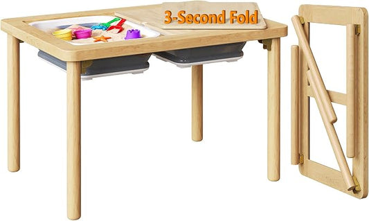 FUNLIO Foldable Wooden Sensory Table with 2 Bins for Toddlers, Kids Sensory Table with Anti-Warping Plywood Lid, Indoor/Outdoor Play Sand and Water Set, CPC Certified