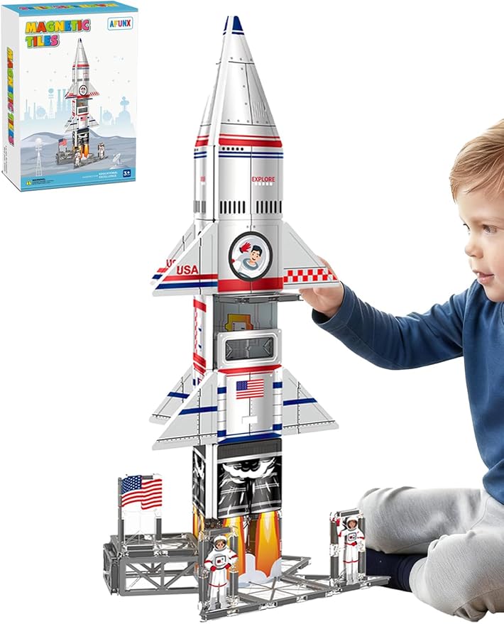 AFUNX Space Rocket Magnetic Tiles, Building Blocks STEM Toy for Kids 3+ | Rocket Themed Magnetic Blocks with Astronaut Designs,Smooth Edges, Compatible with Other Tiles, Gift for Kids