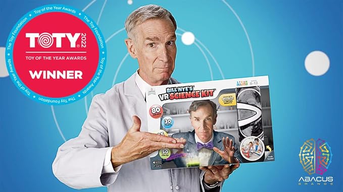Abacus Brands Bill Nye's VR Science Kit - Kids STEM Set, Gift Ages 8-12 | 30 Hands-on Experiments, 50-Piece Activity Lab, 80-pg Interactive Book, Virtual Reality Goggles Incl., Chemistry & Physics