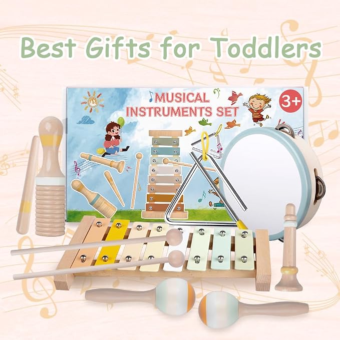 Baby Musical Instruments-Montessori Wooden Toys for Toddlers | Neutral Colors Percussion Instruments Set with Modern Boho Xylophone for Kids Preschool Educational (Neutral)