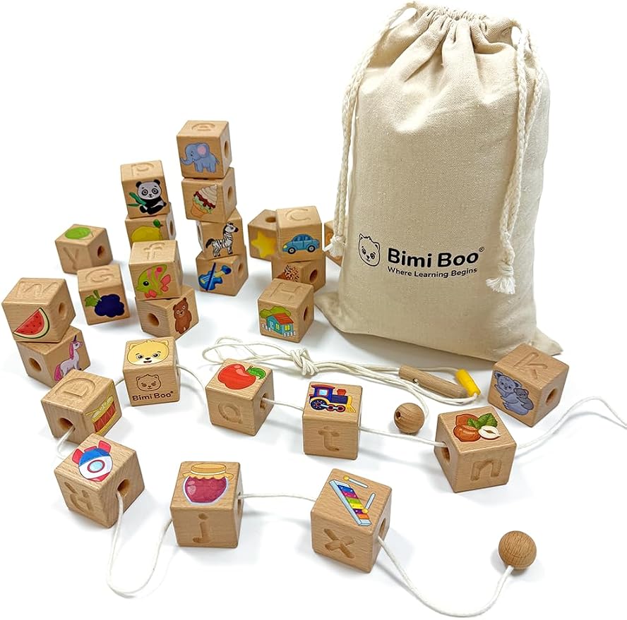 Alphabet Lacing Letters for Toddlers - ABC Lacing Beads, Fine Motor Threading Wooden Toy with Objects & Animals (26 Large Stringing Blocks, 2 Ropes, Cotton Bag)