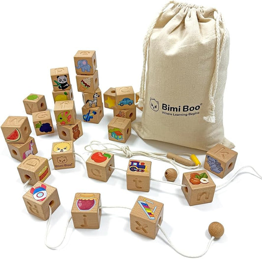 Alphabet Lacing Letters for Toddlers - ABC Lacing Beads, Fine Motor Threading Wooden Toy with Objects & Animals (26 Large Stringing Blocks, 2 Ropes, Cotton Bag)