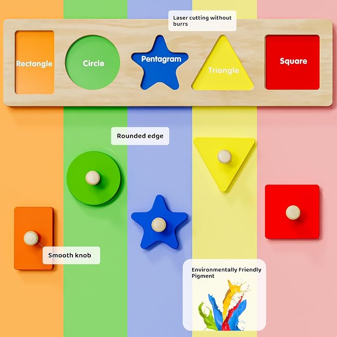 First Jumbo Knob Wooden Shape Puzzle for Toddlers 1-3,Montessori Toddler Puzzle Toys for1-2 Year Old,Preschool Learning Peg Puzzles Toys for Baby Kids