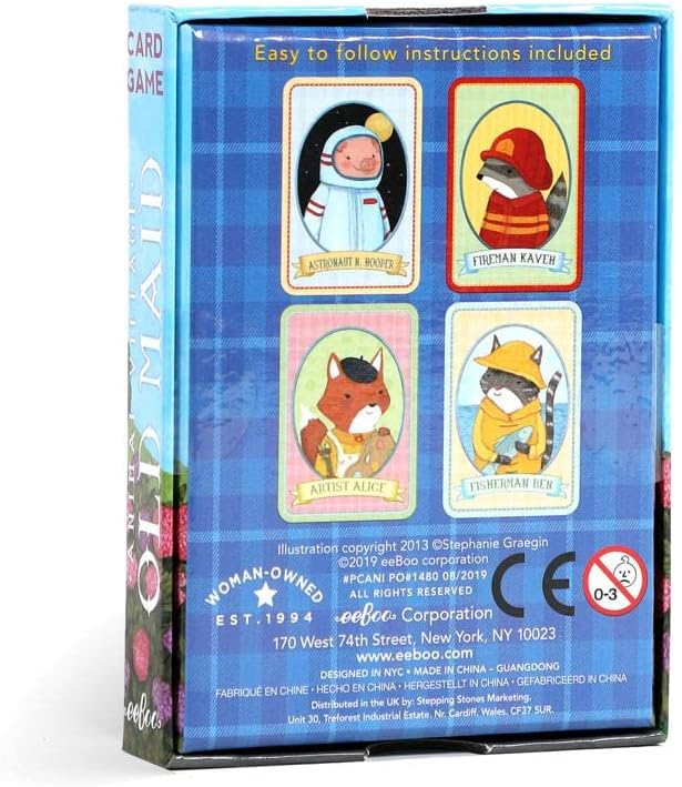 eeBoo Animal Old Maid Playing Card Game, 50 Cards, Ages 5+, 3+ Players | Introduces animals & builds vocabulary. Includes 50 laminated, animal themed cards. Develops patience & concentration