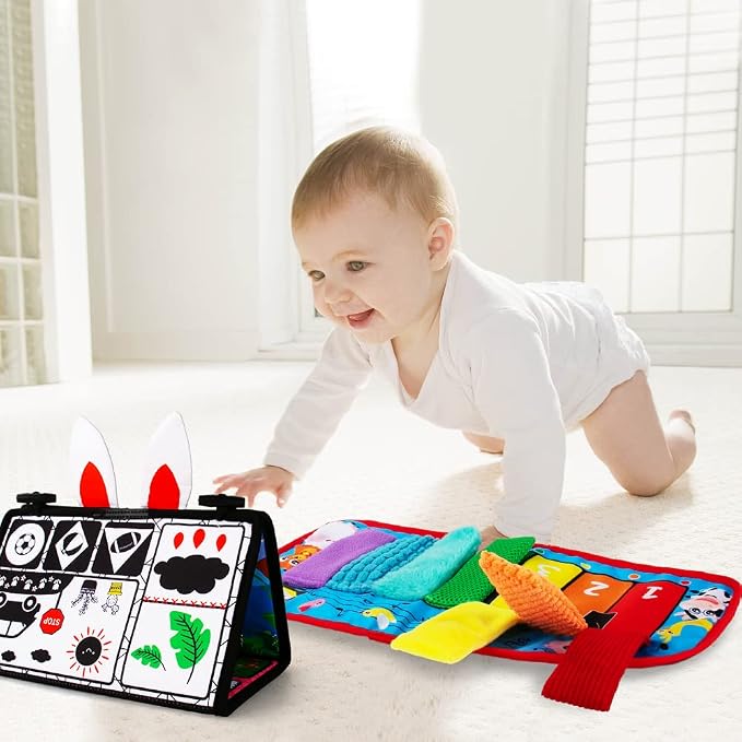 Tummy Time Baby Mirror Toys, Tummy Time Mat, Black and White High Contrast | Tabletop Mount Baby Newborn Toys 0 3 6 Months Brain Development, Sensory Texture Piano Infant Toys 0 3 6 Months with Squeaker