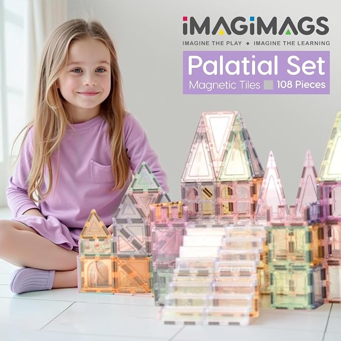 Pastel Magnetic Tiles, 108-Piece Palatial Set with Stairs | Palace & Castle Building Blocks, Strong Magnets, STEM Toy, Ages 3+