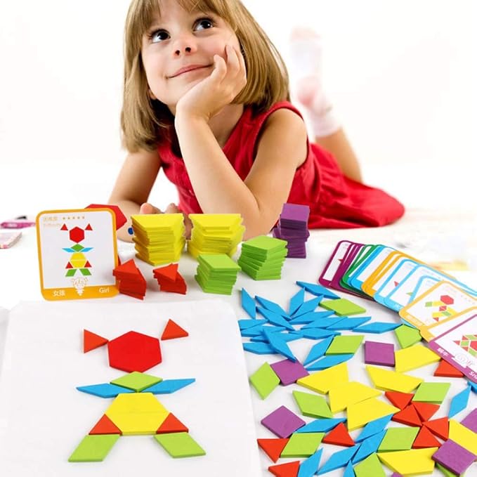 JCREN Wooden Pattern Blocks Geometric Tangram Shape Puzzle 155Pcs | Montessori Toy with Activity Cards and Storage Bag Classic STEM Learning Toys Educational Gift for Kindergarten Kids