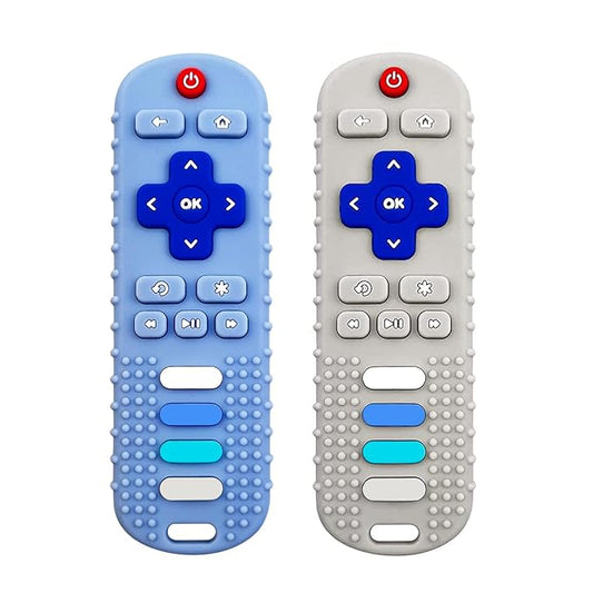 ROBBEAR Baby Teething Toys, Food Grade Silicone Teether for Babies 3 6 12 18 Months, TV Remote Shape Toddlers Chew Toys, Freezer BPA Free (Blue+Beige)