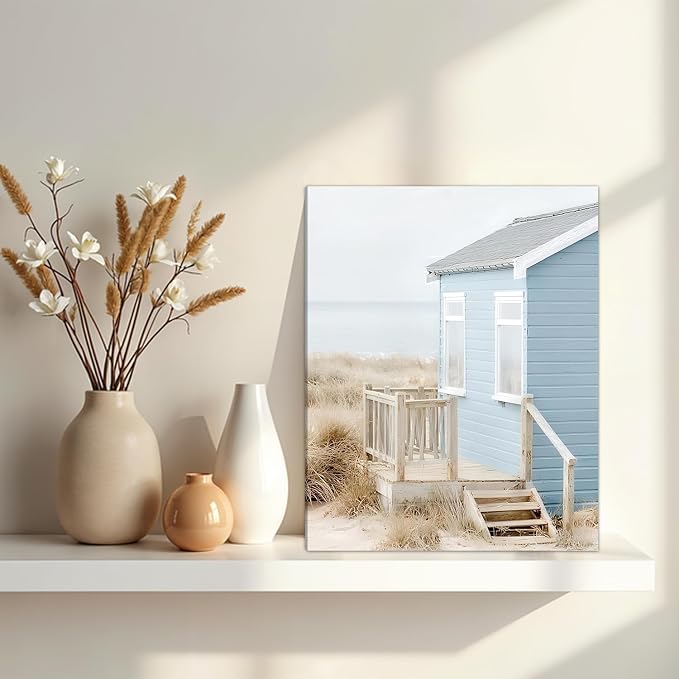 HOURIA 6Pcs Coastal Beach Canvas Wall Art(12”x16”), Summer Blue Ocean Sand Seascape Wall Decor,Vintage Cabin Camper Van Boardwalk Seagulls Art Print for Farmhouse Living Room Bedroom Office