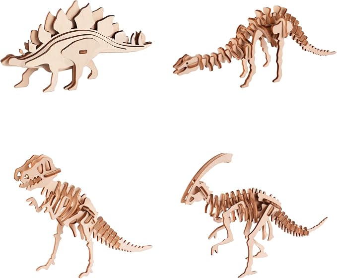 3D Wooden Puzzles for Kids Ages 8+, 4 Pack Dinosaur Puzzles, FSC-Certified Wood, Plastic-Free, STEM Kit for Kids Teens Adults, Wood Craft Model Kit, Individually Wrapped Party Favors - Jurassic Frens