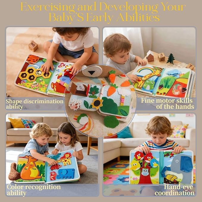 GOODMOM Bee Sensory Busy Book for Toddlers1-3 – Quiet Book with Fun Mirror, 10 Pages Interactive Activities, Educational Travel Toy, Gifts for Boys & Girls