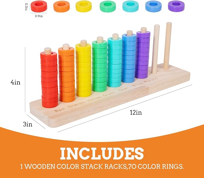 Color Stack Challenge Game, Sorting & Stacking Toys for Toddlers | Wooden Rainbow Rings Game for Color Recognition and Sensory Learning, Montessori Educational Gift for Kids Ages 3 and Up