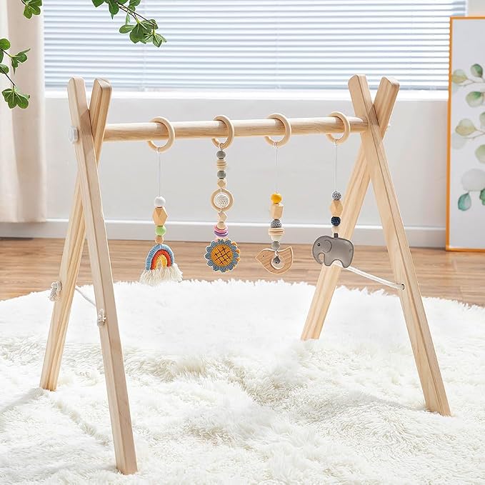 Foldable Baby Play Gym with Natural Pine Wood and Hanging Bar for Infant Activities, Ideal Gift for Newborn Boys and Girls