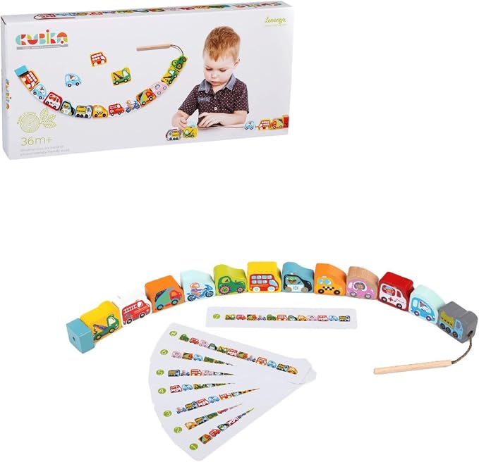 Wooden Flyring Cars Lacing Toy – Montessori Lacing Toy for Kids Ages 3+ – Wooden Lacing Cards with Threading String – Fine Motor Toy – FSC-Certified Wood, Travel Toy for Toddlers