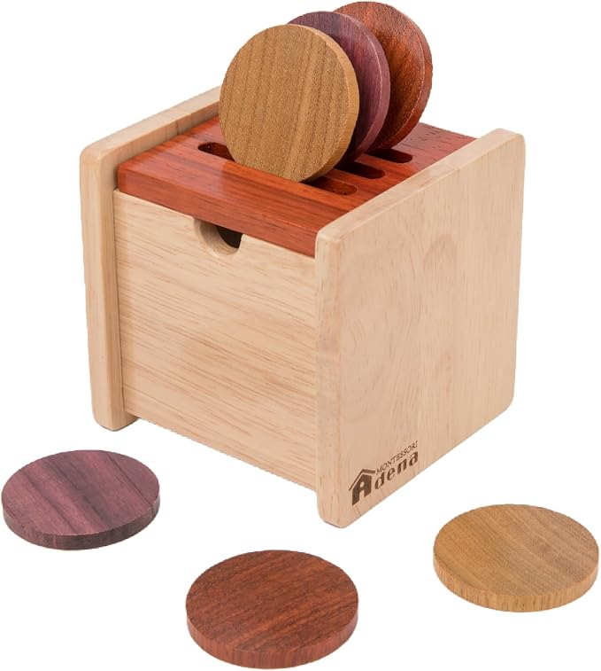 Adena Montessori Wooden Coin Box with Lid Object Permanence 6-12 Months | Solid wood smooth edges, flip lid, 6 coins, three tones. Builds grip, focus, fine motor, hand-eye. For 6-12 months. Gift.