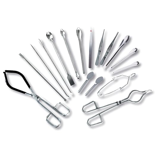 Chemistry Lab Tool Set, Stainless Steel | Crucible tongs, lab spatula scoop, U shape spoon, test tube clamp, forceps tweezers, chemistry starter tools