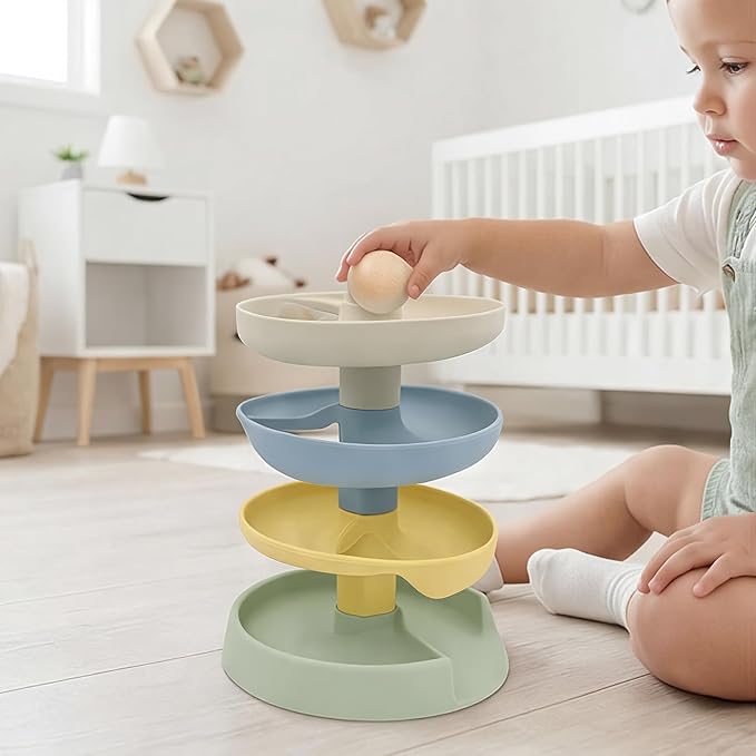 Silicone Ball Drop Tower Toy for Toddlers, 4-Tier Rolling Ramp Track with Wooden Balls, Soft Food-Grade Silicone Montessori Toy for Early Learning, Fine Motor Skill Development, Ages 1–3 | Includes 2 wooden balls, food-grade silicone, detachable design...