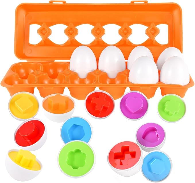 Matching Egg Toy 12 Pcs Develops Toddlers' Color & Shape Recognition Skills | Easter Basket Gift for Boys & Girls, Montessori Travel Toy for Kids 1-3, Fun Sorting Puzzle for Daily Early Education